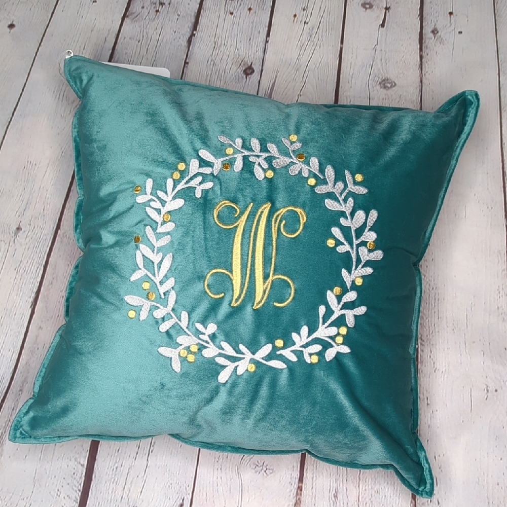 Teal Holiday Pillow with Embroidered Mistletoe Wreath
